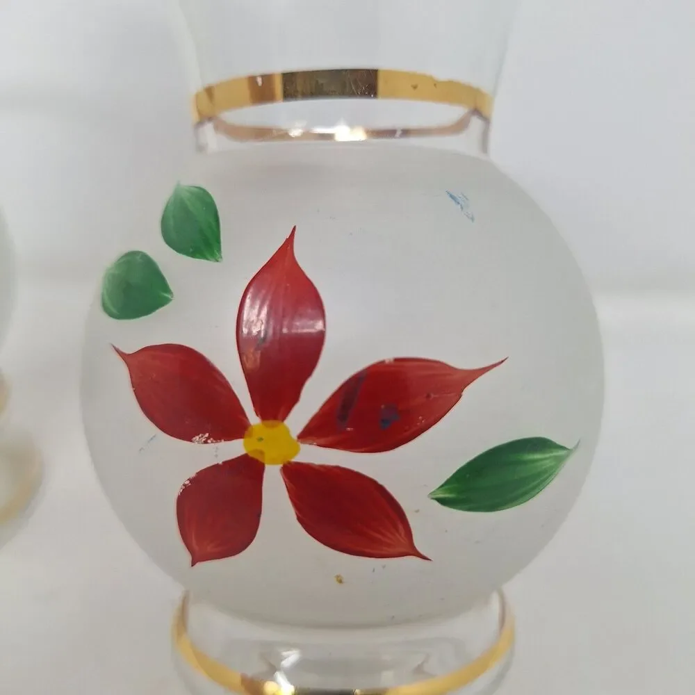 Vintage Bartlett Collins Poinsettia Frosted Bud Vases Set Of 2 Hand Painted